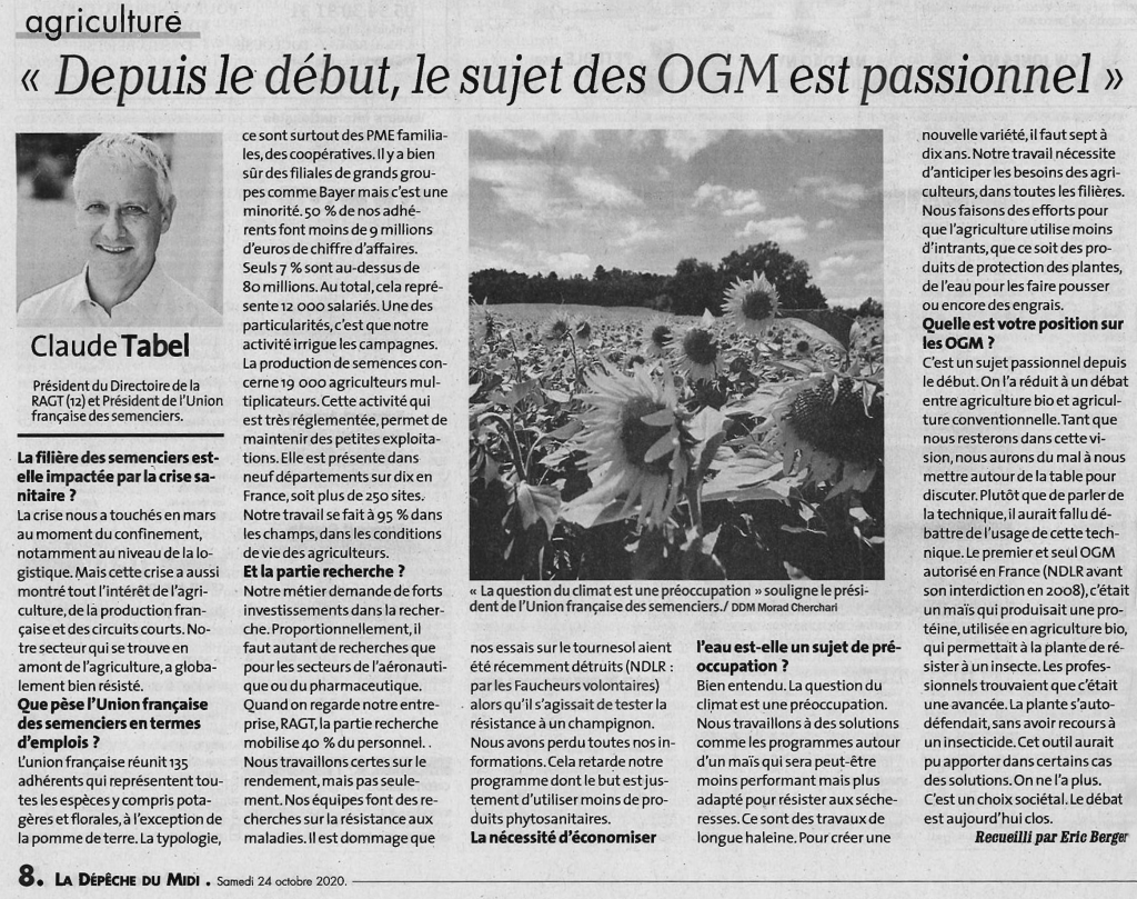 Depuis le début, le sujet des OGM est passionnel - interview Claude TABEL, président du Directoire de RAGT et président de l'UFS