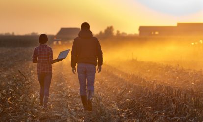 Woman engineer with laptop and landowner walking on harvested corn field during baling at sunset